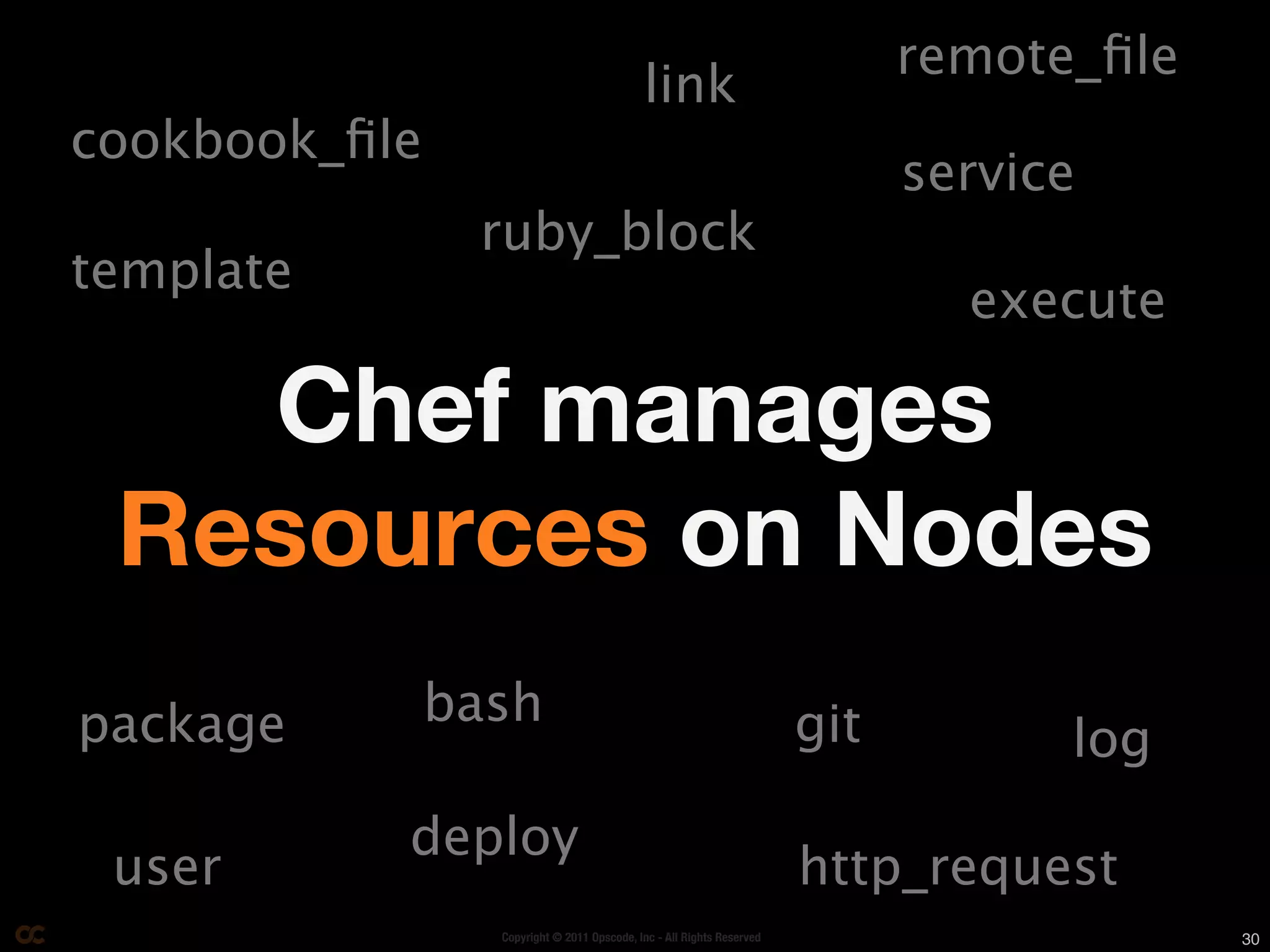 remote_ﬁle
                                            link
cookbook_ﬁle
                                                                             service
                ruby_block
template
                                                                               execute

   Chef manages
 Resources on Nodes
package        bash                                                    git         log
           deploy
 user                                                                  http_request
                 Copyright © 2011 Opscode, Inc - All Rights Reserved                      30
 