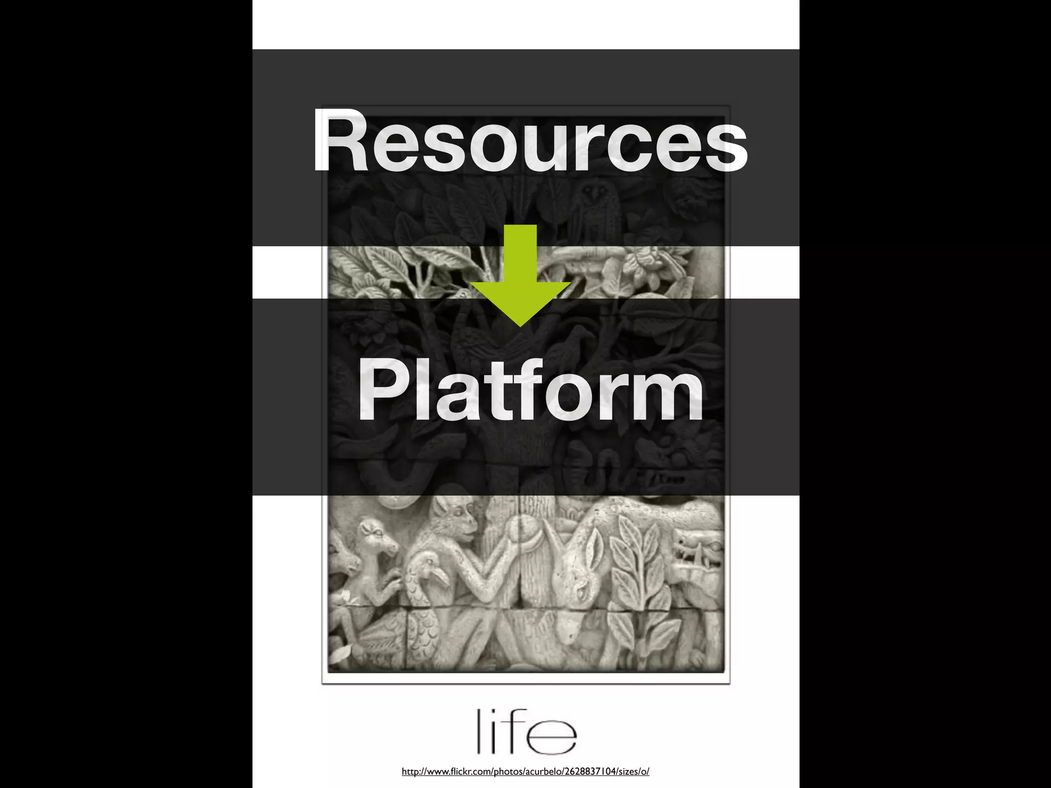 Resources

Platform



 http://www.ﬂickr.com/photos/acurbelo/2628837104/sizes/o/
 