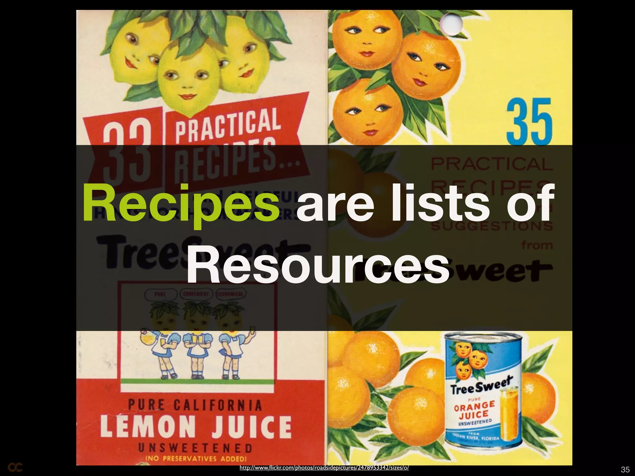 Recipes are lists of
   Resources


      http://www.ﬂickr.com/photos/roadsidepictures/2478953342/sizes/o/
           Copyright © 2011 Opscode, Inc - All Rights Reserved           35
 