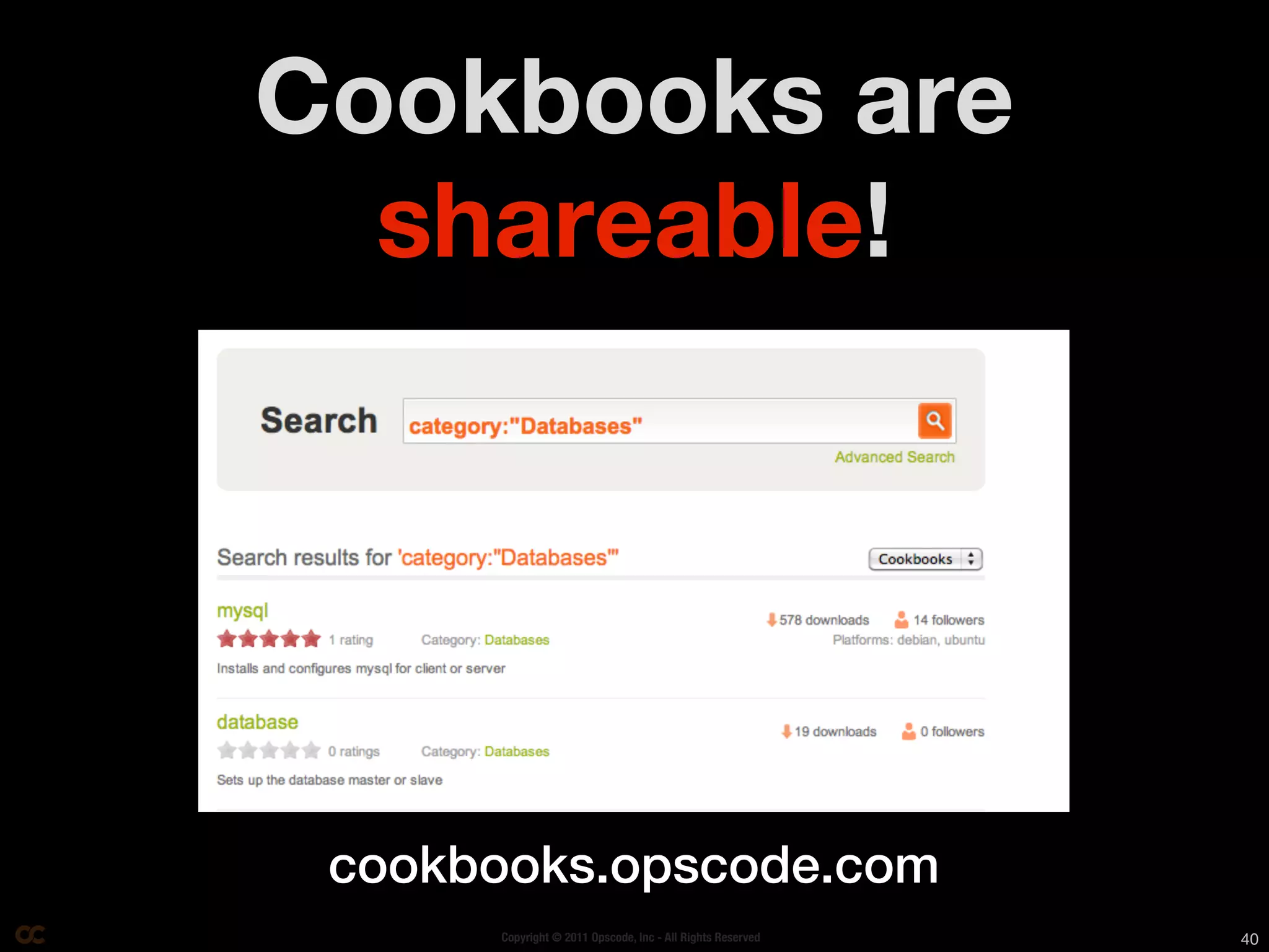 Cookbooks are
  shareable!




 cookbooks.opscode.com
      Copyright © 2011 Opscode, Inc - All Rights Reserved   40
 