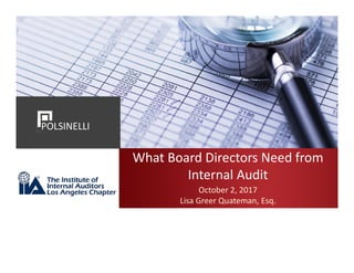 1
60049935.1
What Board Directors Need from
Internal Audit
October 2, 2017
Lisa Greer Quateman, Esq.
POLSINELLI
 