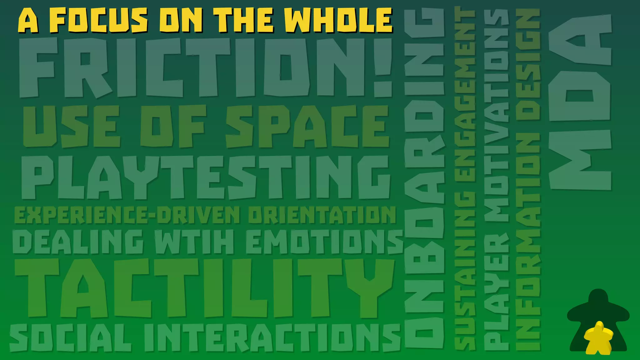 A Focus on the Whole
FRICTION!
Use of Space
PlaytestingExperience-Driven Orientation
Dealing wtih emotions
tactility
MDA
Onboarding
Social interactions
SustainingEngagement
PlayerMotivations
InformationDesign
A Focus on the Whole
 