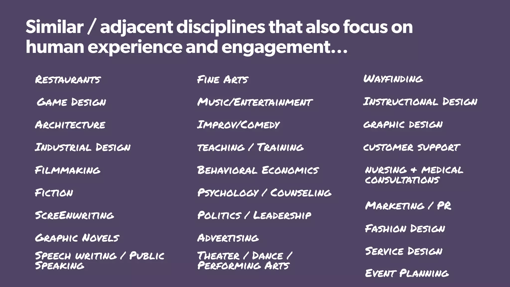 Game Design
Architecture
Restaurants
Industrial Design
Filmmaking
Fiction
ScreEnwriting
Graphic Novels
Speech writing / Public
Speaking
Advertising
Music/Entertainment
Improv/Comedy
Theater / Dance /
Performing Arts
Fine Arts
teaching / Training
Behavioral Economics
Psychology / Counseling
Politics / Leadership
nursing & medical
consultations
Fashion Design
Wayfinding
Instructional Design
graphic design
customer support
Marketing / PR
Service Design
Similar / adjacent disciplines that also focus on
human experience and engagement…
Event Planning
 