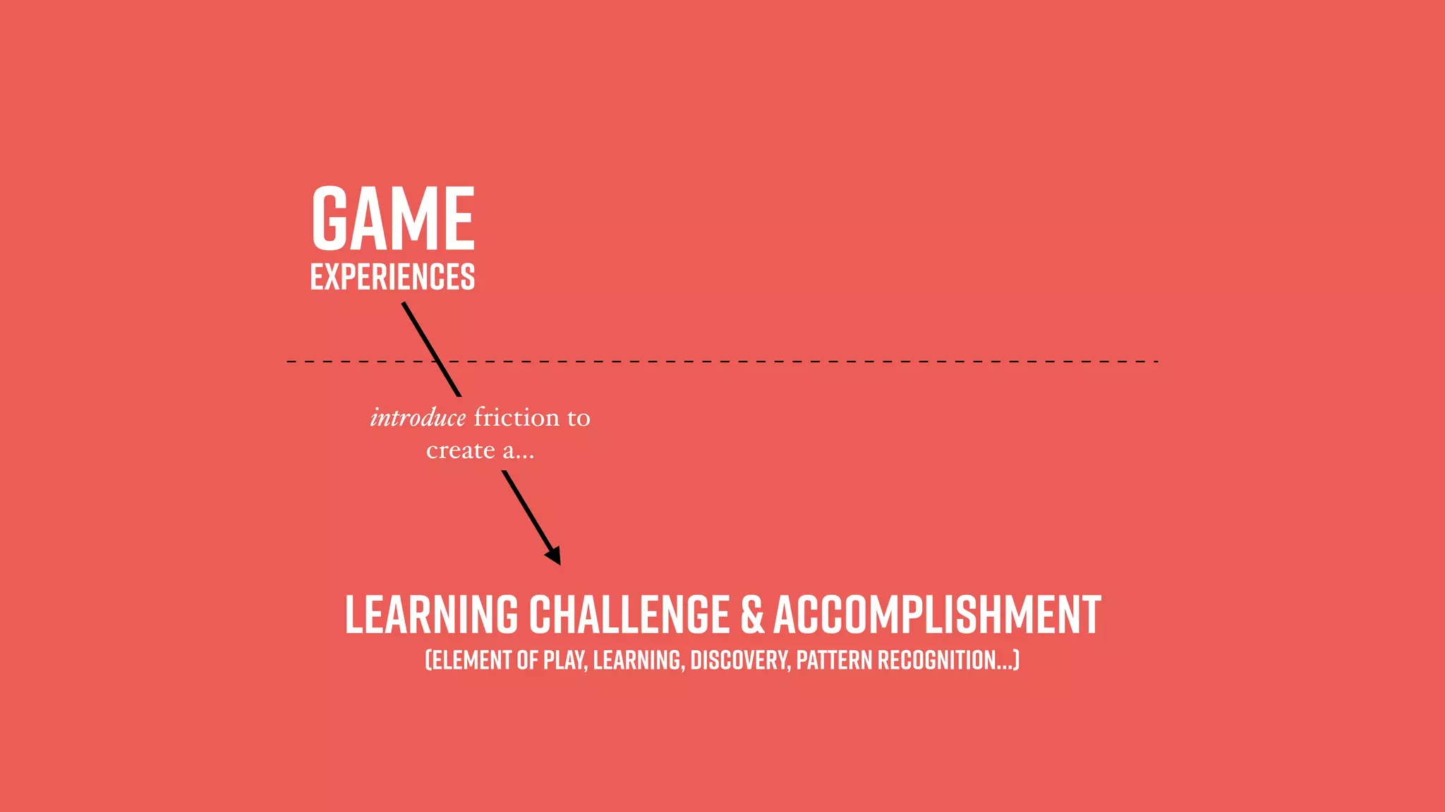 Game 
Experiences
Learning Challenge &accomplishment
(Elementof Play, Learning, Discovery, Pattern Recognition…)
introduce friction to
create a…
 