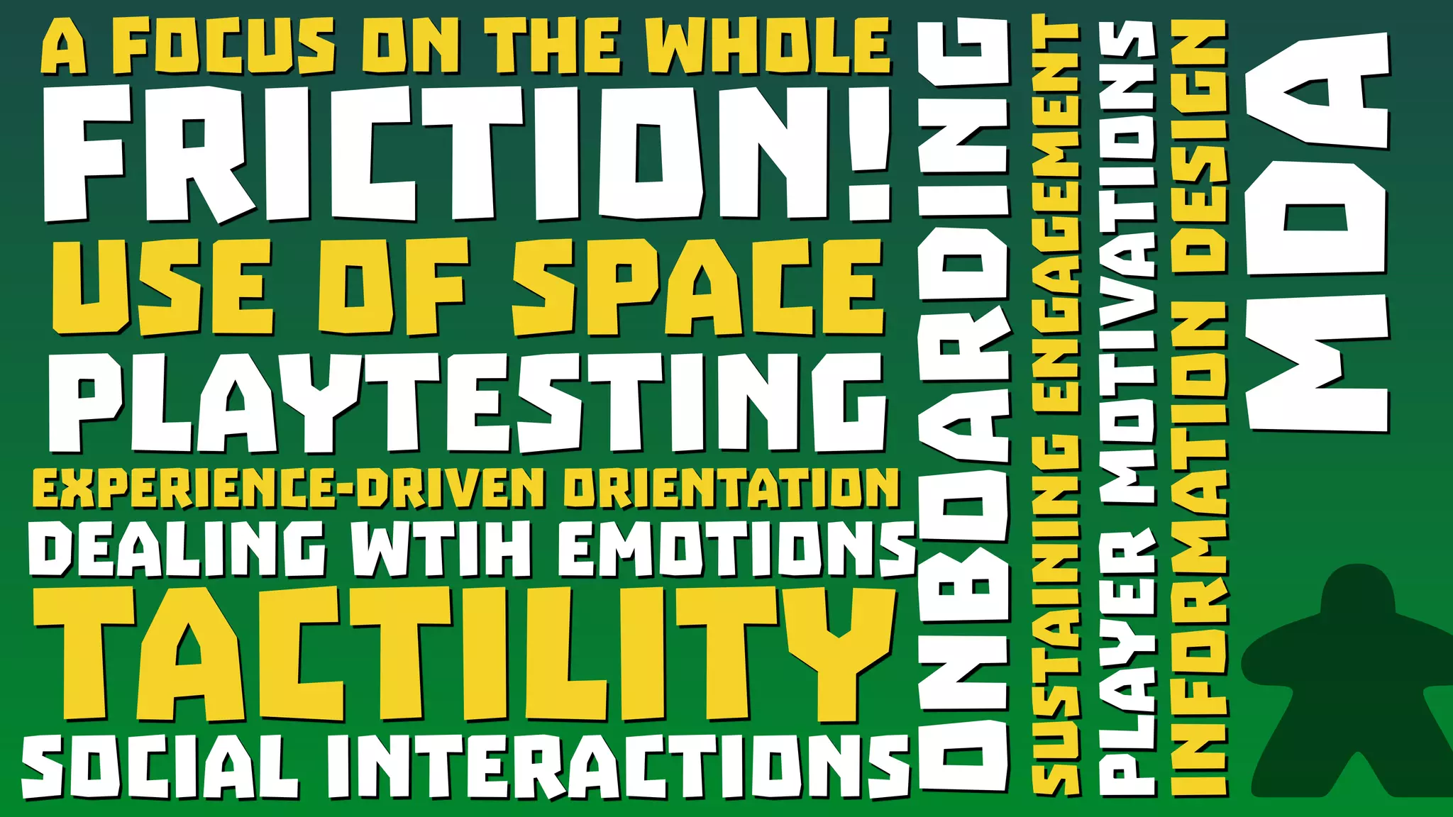 A Focus on the Whole
FRICTION!
Use of Space
PlaytestingExperience-Driven Orientation
Dealing wtih emotions
tactility
MDA
Onboarding
Social interactions
SustainingEngagement
PlayerMotivations
InformationDesign
 