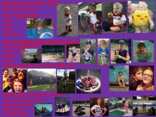 Brenda Linn Summer 2012
Some of my favorites . . .
 Taught LOGAN LINN to
 Jog
 Drive
 Write
 and Swim
 Watched DALTON, DILLON, AND DAXTON LINN
 Play LOTS of Baseball
 Swim and Tube
 Explore
 Climb
 and play the famous Linn Family Wiffle Ball




 Watched Casey and Candyce Slayton
 Swim, Jet Ski, and Tube
 Bowl, Dance, Shop
 Ride Go Carts
 Nerf Ball Battle
 