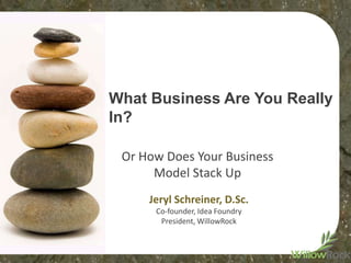 What Business Are You Really
In?

 Or How Does Your Business
      Model Stack Up
     Jeryl Schreiner, D.Sc.
      Co-founder, Idea Foundry
       President, WillowRock
 