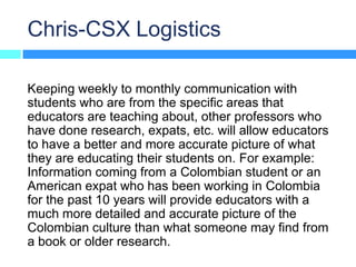 Chris-CSX Logistics

Keeping weekly to monthly communication with
students who are from the specific areas that
educators are teaching about, other professors who
have done research, expats, etc. will allow educators
to have a better and more accurate picture of what
they are educating their students on. For example:
Information coming from a Colombian student or an
American expat who has been working in Colombia
for the past 10 years will provide educators with a
much more detailed and accurate picture of the
Colombian culture than what someone may find from
a book or older research.
 