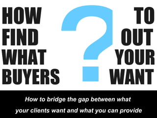 HOW  TO FIND    OUT WHAT   YOUR BUYERS    WANT How to bridge the gap between what  your clients want and what you can provide 