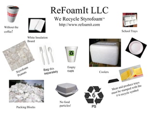 ReFoamIt LLC
                                    We Recycle Styrofoam        TM



                                      http://www.refoamit.com
Without the
coffee!                                                               School Trays

                 White Insulation
                 Board




                                            Empty
                                            cups            Coolers




                                      No food
                                      particles!
         Packing Blocks
 