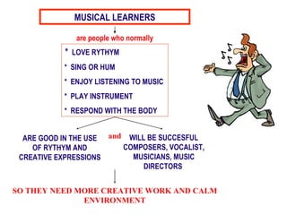 *  LOVE RYTHYM *  SING OR HUM *  ENJOY LISTENING TO MUSIC *  PLAY INSTRUMENT *  RESPOND WITH THE BODY are people who normally ARE GOOD IN THE USE OF RYTHYM AND CREATIVE EXPRESSIONS and WILL BE SUCCESFUL COMPOSERS, VOCALIST, MUSICIANS, MUSIC DIRECTORS   SO THEY NEED MORE CREATIVE WORK AND CALM ENVIRONMENT MUSICAL LEARNERS 