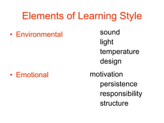 Elements of Learning Style Environmental Emotional sound light temperature design motivation persistence responsibility structure 