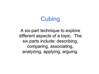 Cubing A six-part technique to explore different aspects of a topic.  The six parts include: describing, comparing, associating, analyzing, applying, arguing. 