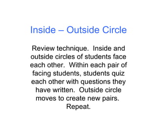 Inside – Outside Circle Review technique.  Inside and outside circles of students face each other.  Within each pair of facing students, students quiz each other with questions they have written.  Outside circle moves to create new pairs.  Repeat. 