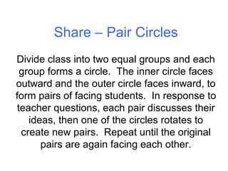 Share – Pair Circles Divide class into two equal groups and each group forms a circle.  The inner circle faces outward and the outer circle faces inward, to form pairs of facing students.  In response to teacher questions, each pair discusses their ideas, then one of the circles rotates to create new pairs.  Repeat until the original pairs are again facing each other. 