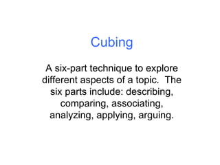 Cubing A six-part technique to explore different aspects of a topic.  The six parts include: describing, comparing, associ...