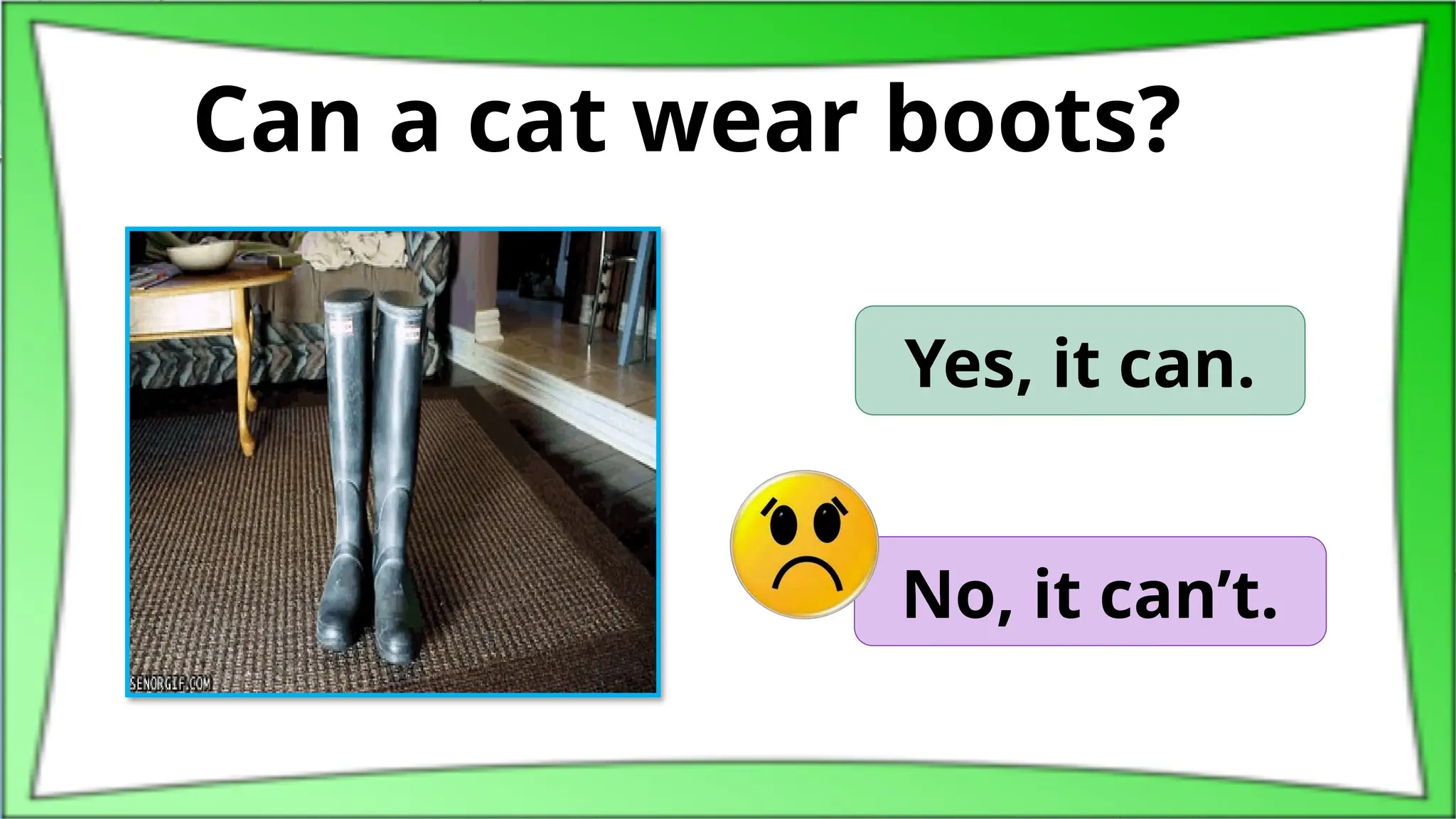 Can a cat wear boots?
Yes, it can.
No, it can’t.
 