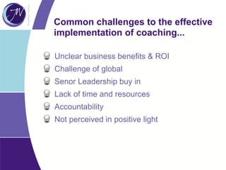 Common challenges to the effective
implementation of coaching...
Unclear business benefits & ROI
Challenge of global
Senor Leadership buy in
Lack of time and resources
Accountability
Not perceived in positive light
 