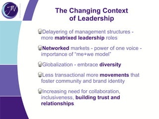 The Changing Context
of Leadership
Delayering of management structures -
more matrixed leadership roles
Networked markets - power of one voice -
importance of “me+we model”
Globalization - embrace diversity
Less transactional more movements that
foster community and brand identity
Increasing need for collaboration,
inclusiveness, building trust and
relationships
 