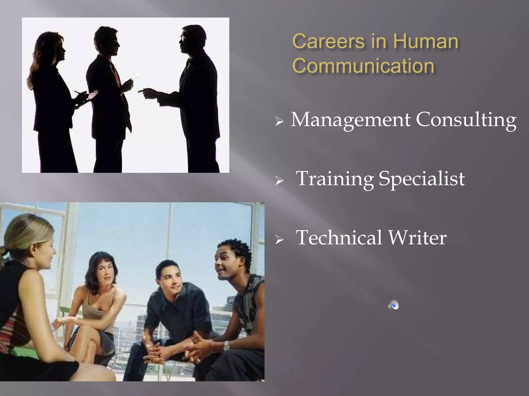 Careers in Human
    Communication

   Management Consulting

   Training Specialist

   Technical Writer
 