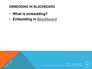 EMBEDDING IN BLACKBOARD
• What is embedding?
• Embedding in Blackboard
B R E T T D . C U R R I E R
D I R E C T O R O F S C H O L A R L Y C O M M U N I C A T I O N S 19
 