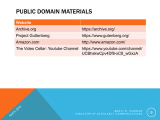 PUBLIC DOMAIN MATERIALS
Website
Archive.org https://archive.org/
Project Guttenberg https://www.gutenberg.org/
Amazon.com http://www.amazon.com/
The Video Cellar: Youtube Channel https://www.youtube.com/channel/
UCBhskwCpv4Df8-xC8_wGxzA
B R E T T D . C U R R I E R
D I R E C T O R O F S C H O L A R L Y C O M M U N I C A T I O N S 9
 