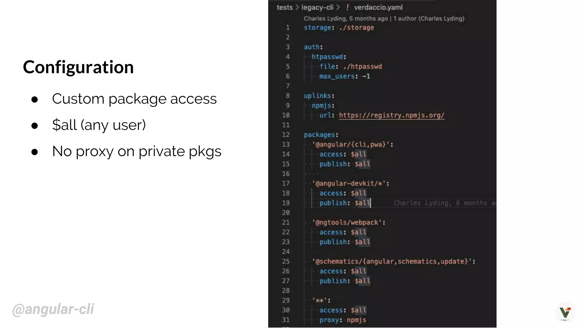 Configuration
● Custom package access
● $all (any user)
● No proxy on private pkgs
@angular-cli
 