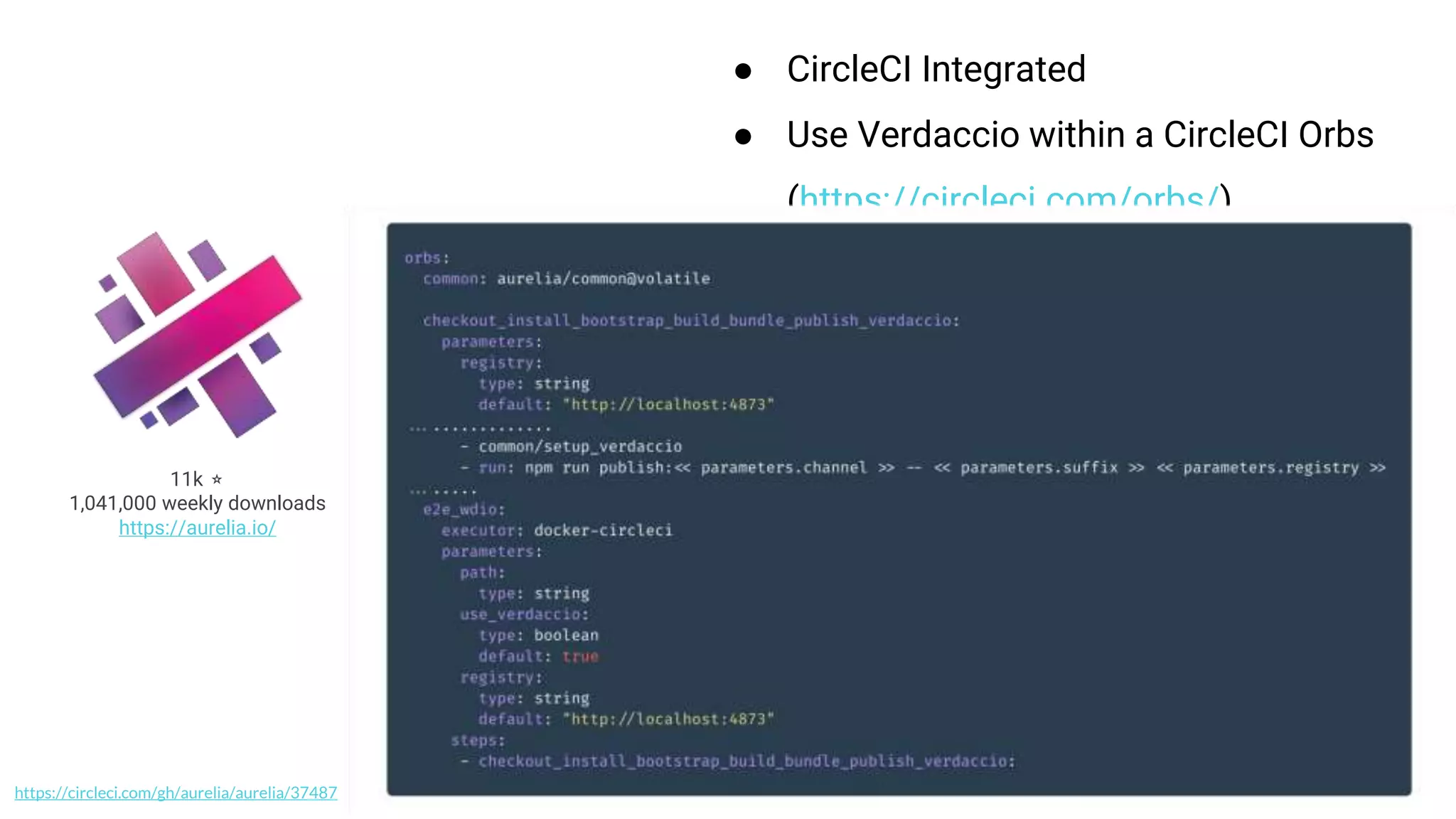 ● CircleCI Integrated
● Use Verdaccio within a CircleCI Orbs
(https://circleci.com/orbs/)
11k ⭐️
1,041,000 weekly downloads
https://aurelia.io/
https://circleci.com/gh/aurelia/aurelia/37487
 