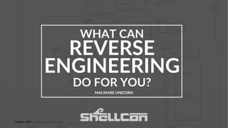 ShellCon 2017 | What Can RE Do For You?
1
WHAT CAN
REVERSE
ENGINEERING
DO FOR YOU?
MALWARE UNICORN
 