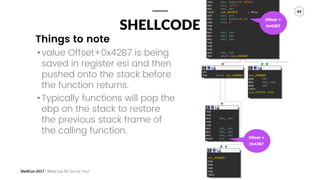 ShellCon 2017 | What Can RE Do For You?
44
SHELLCODE
• value Offset+0x42B7 is being
saved in register esi and then
pushed ...