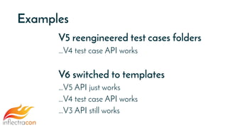 Examples
V5 reengineered test cases folders
…V4 test case API works
V6 switched to templates
…V5 API just works
…V4 test case API works
…V3 API still works
 