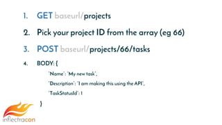 1. GET baseurl/projects
2. Pick your project ID from the array (eg 66)
3. POST baseurl/projects/66/tasks
4. BODY: {
“Name”: “My new task”,
“Description”: “I am making this using the API”,
“TaskStatusId”: 1
}
 