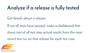 Analyze if a release is fully tested
Get details about a release
If not all tests have passed, make a dashboard that
shows text of all test step actual results from the most
recent test run on that release for each test case
 