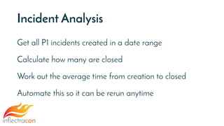 Incident Analysis
Get all P1 incidents created in a date range
Calculate how many are closed
Work out the average time from creation to closed
Automate this so it can be rerun anytime
 