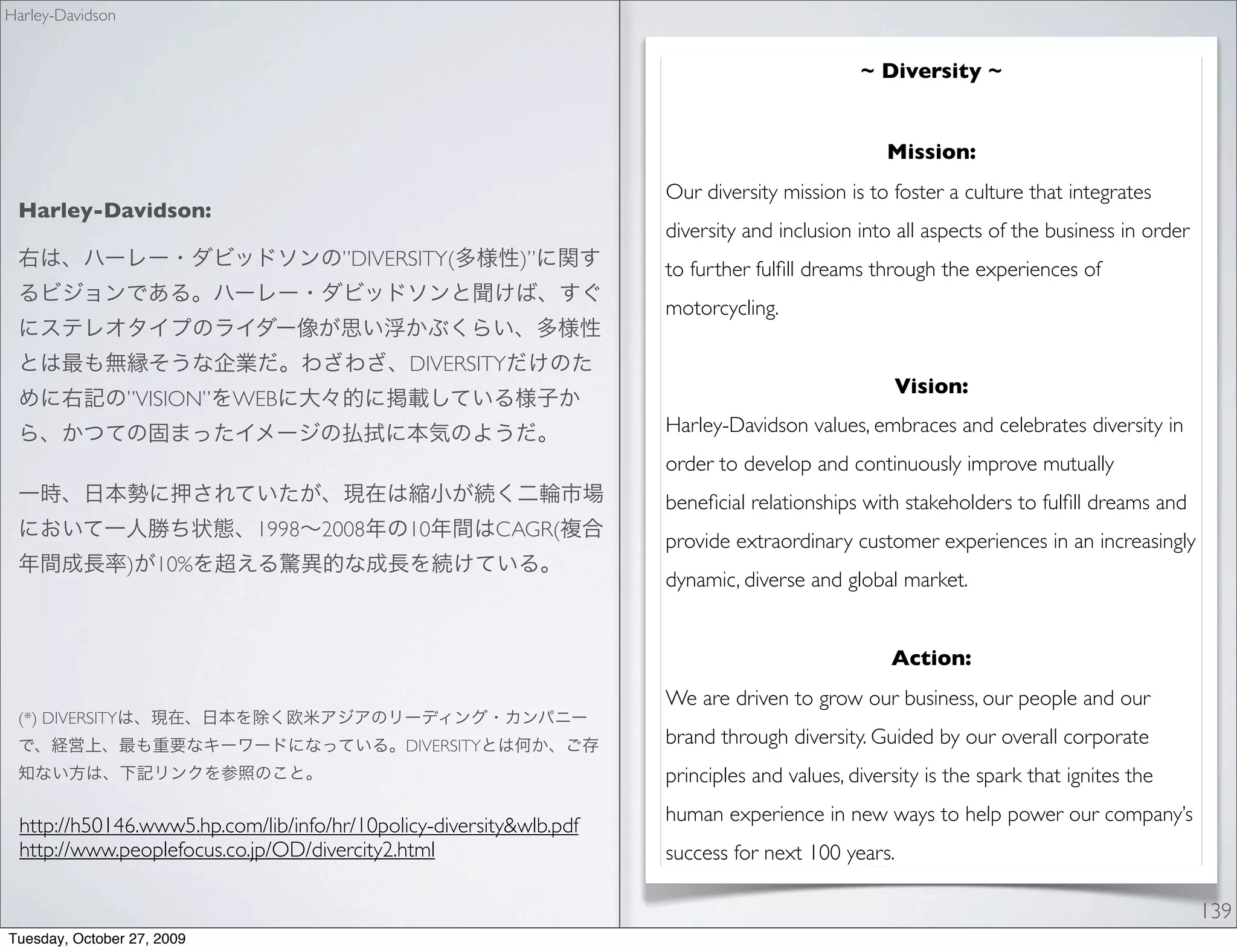 Harley-Davidson


                                                                                            ~ Diversity ~


                                                                                                Mission:
                                                                    Our diversity mission is to foster a culture that integrates
 Harley-Davidson:
                                                                    diversity and inclusion into all aspects of the business in order
                                      ”DIVERSITY(         )”        to further fulﬁll dreams through the experiences of
                                                                    motorcycling.

                                             DIVERSITY
                                                                                                 Vision:
                  ”VISION”   WEB
                                                                    Harley-Davidson values, embraces and celebrates diversity in
                                                                    order to develop and continuously improve mutually
                                                                    beneﬁcial relationships with stakeholders to fulﬁll dreams and
                              1998   2008    10          CAGR(
                                                                    provide extraordinary customer experiences in an increasingly
                  )   10%
                                                                    dynamic, diverse and global market.


                                                                                                Action:
                                                                    We are driven to grow our business, our people and our
 (*) DIVERSITY
                                             DIVERSITY              brand through diversity. Guided by our overall corporate
                                                                    principles and values, diversity is the spark that ignites the
                                                                    human experience in new ways to help power our company’s
 http://h50146.www5.hp.com/lib/info/hr/10policy-diversity&wlb.pdf
 http://www.peoplefocus.co.jp/OD/divercity2.html                    success for next 100 years.

                                                                                                                                        139
Tuesday, October 27, 2009
 