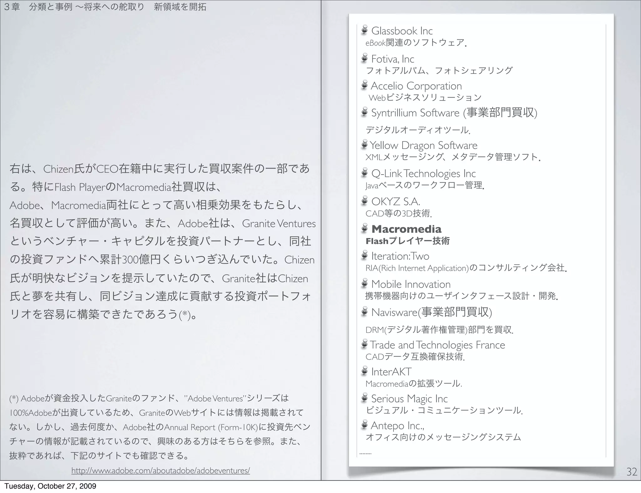 Glassbook Inc
                                                                                     eBook
                                                                                        Fotiva, Inc

                                                                                        Accelio Corporation
                                                                                       Web
                                                                                        Syntrillium Software (              )

                                                                                       Yellow Dragon Software
                                                                                     XML
          Chizen        CEO                                                             Q-Link Technologies Inc
             Flash Player Macromedia                                                 Java

 Adobe Macromedia                                                                       OKYZ S.A.
                                                                                     CAD       3D
                                              Adobe           Granite Ventures          Macromedia
                                                                                     Flash

                                300                                    Chizen           Iteration:Two
                                                                                     RIA(Rich Internet Application)
                                                         Granite      Chizen            Mobile Innovation

                                              (*)                                       Navisware(                      )
                                                                                     DRM(                           )
                                                                                       Trade and Technologies France
                                                                                     CAD
                                                                                        InterAKT
                                                                                     Macromedia                 .
 (*) Adobe                  Granite             ”Adobe Ventures”                        Serious Magic Inc
 100%Adobe                            Granite Web
                                Adobe      Annual Report (Form-10K)                     Antepo Inc.,

                                                                                 ........

                  http://www.adobe.com/aboutadobe/adobeventures/                                                                32
Tuesday, October 27, 2009
 