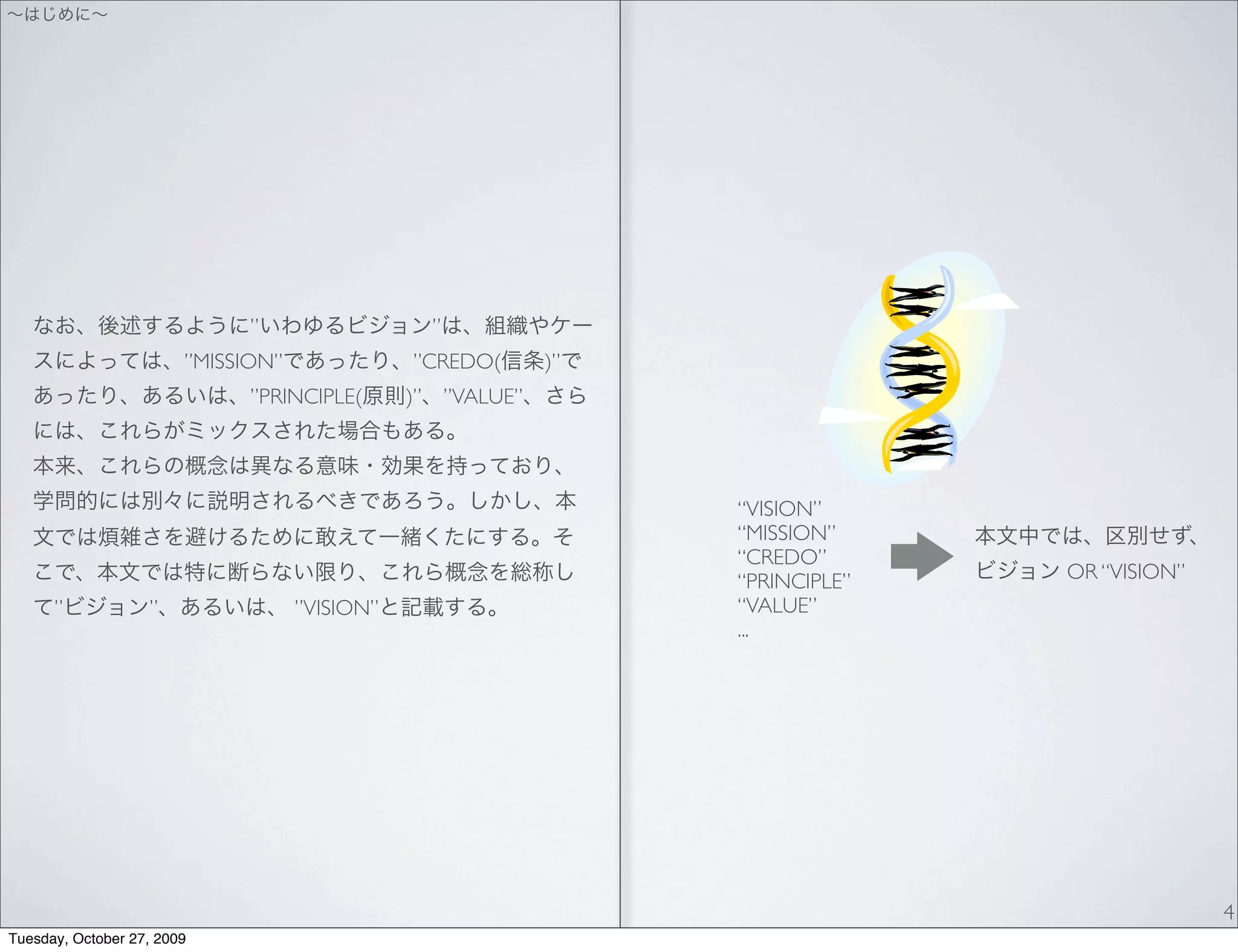 ”                  ”
                        ”MISSION”              ”CREDO(      )”
                              ”PRINCIPLE(      )” ”VALUE”




                                                                 “VISION”
                                                                 “MISSION”
                                                                 “CREDO”
                                                                 “PRINCIPLE”   OR “VISION”
      ”            ”                ”VISION”                     “VALUE”
                                                                 ...




                                                                                             4
Tuesday, October 27, 2009
 