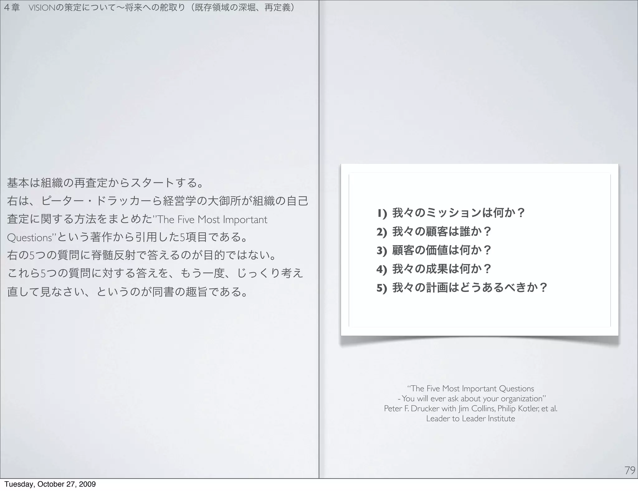 VISION




                                                       1)
                            ”The Five Most Important
                                                       2)
Questions”                       5
      5                                                3)

          5                                            4)
                                                       5)




                                                               “The Five Most Important Questions
                                                            - You will ever ask about your organization”
                                                        Peter F. Drucker with Jim Collins, Philip Kotler, et al.
                                                                     Leader to Leader Institute




                                                                                                                   79
Tuesday, October 27, 2009
 