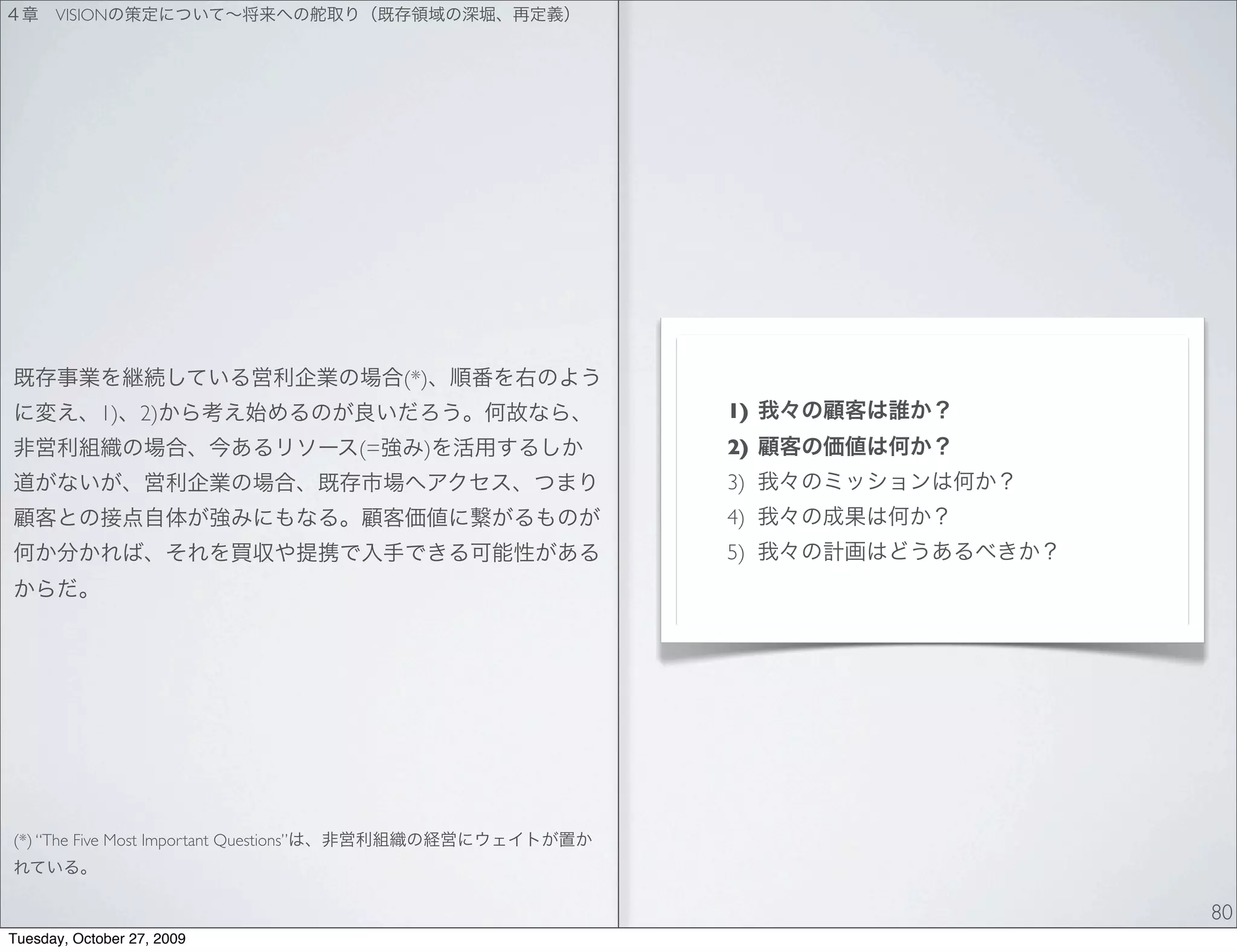 VISION




                                               (*)
            1)    2)                                 1)
                                          (=     )   2)
                                                     3)
                                                     4)
                                                     5)




(*) “The Five Most Important Questions”



                                                          80
Tuesday, October 27, 2009
 