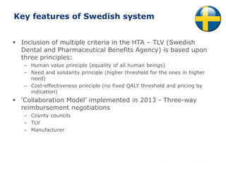 Key features of Swedish system
 Inclusion of multiple criteria in the HTA – TLV (Swedish
Dental and Pharmaceutical Benefits Agency) is based upon
three principles:
– Human value principle (equality of all human beings)
– Need and solidarity principle (higher threshold for the ones in higher
need)
– Cost-effectiveness principle (no fixed QALY threshold and pricing by
indication)
 ‘Collaboration Model’ implemented in 2013 - Three-way
reimbursement negotiations
– County councils
– TLV
– Manufacturer
29
 