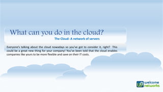 What can you do in the cloud?
The Cloud- A network of servers
Everyone’s talking about the cloud nowadays so you’ve got to consider it, right? This
could be a great new thing for your company! You’ve been told that the cloud enables
companies like yours to be more flexible and save on their IT costs.
 