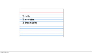 2 skills
2 interests
2 dream jobs
Friday, January 20, 17
 