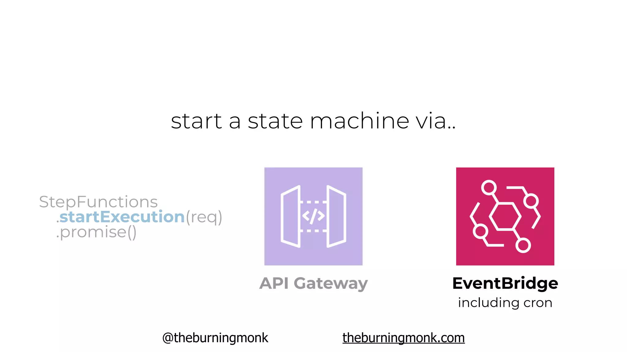 @theburningmonk theburningmonk.com
start a state machine via..
EventBridge
including cron
StepFunctions
.startExecution(req)
.promise()
API Gateway
 