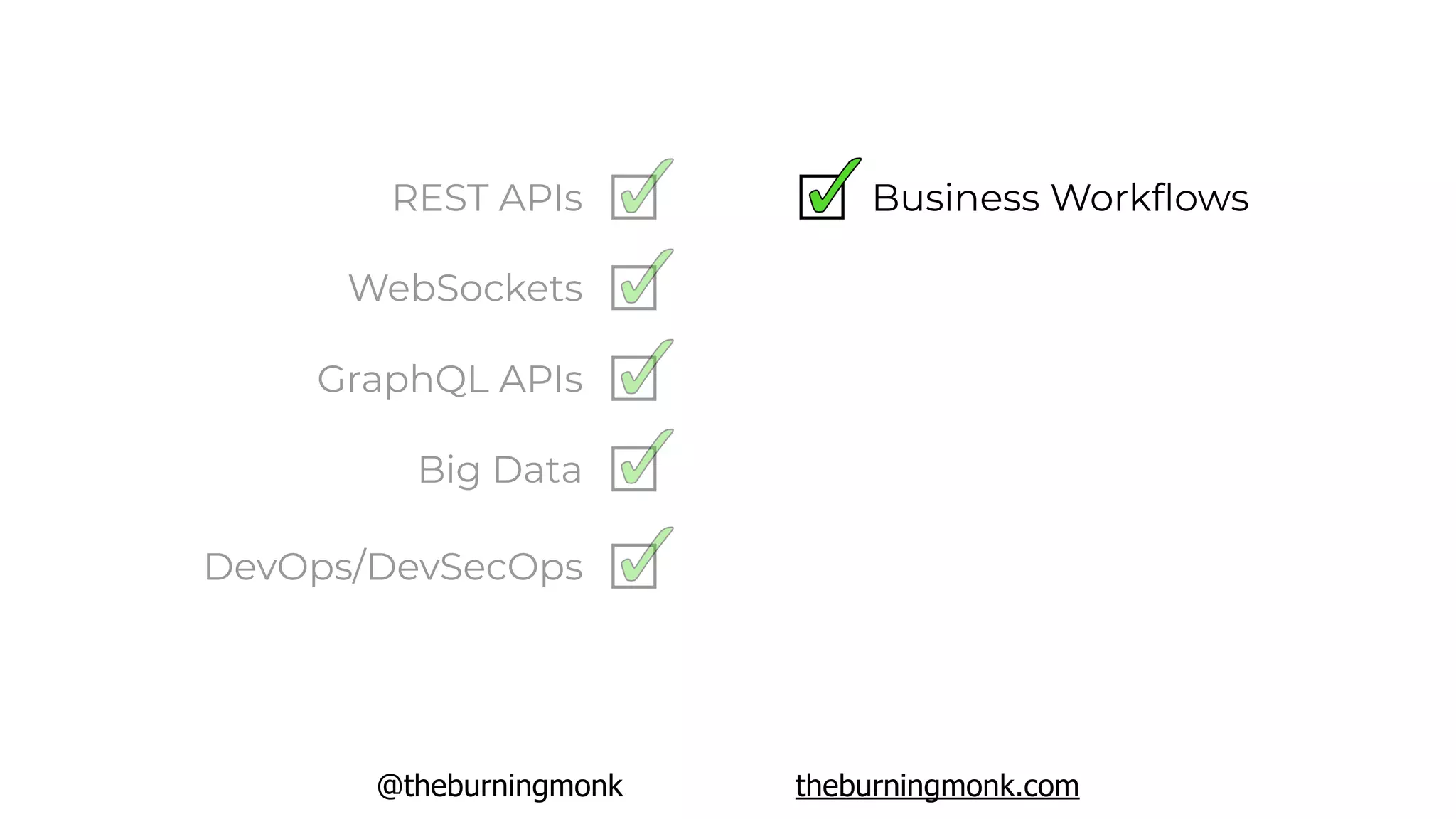 @theburningmonk theburningmonk.com
REST APIs
WebSockets
GraphQL APIs
Big Data
DevOps/DevSecOps
Business Workﬂows
 