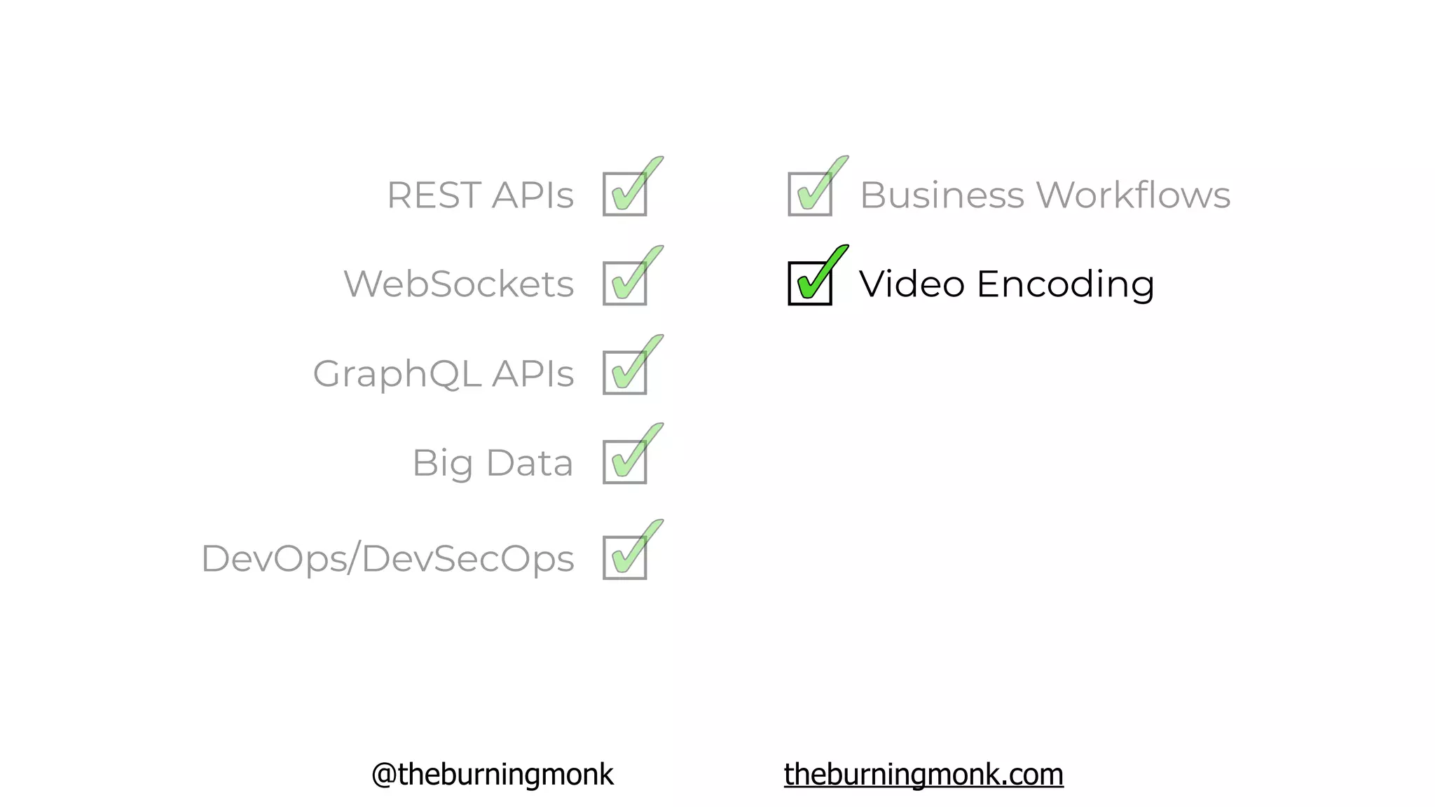 @theburningmonk theburningmonk.com
REST APIs
WebSockets
GraphQL APIs
Big Data
DevOps/DevSecOps
Video Encoding
Business Workﬂows
 