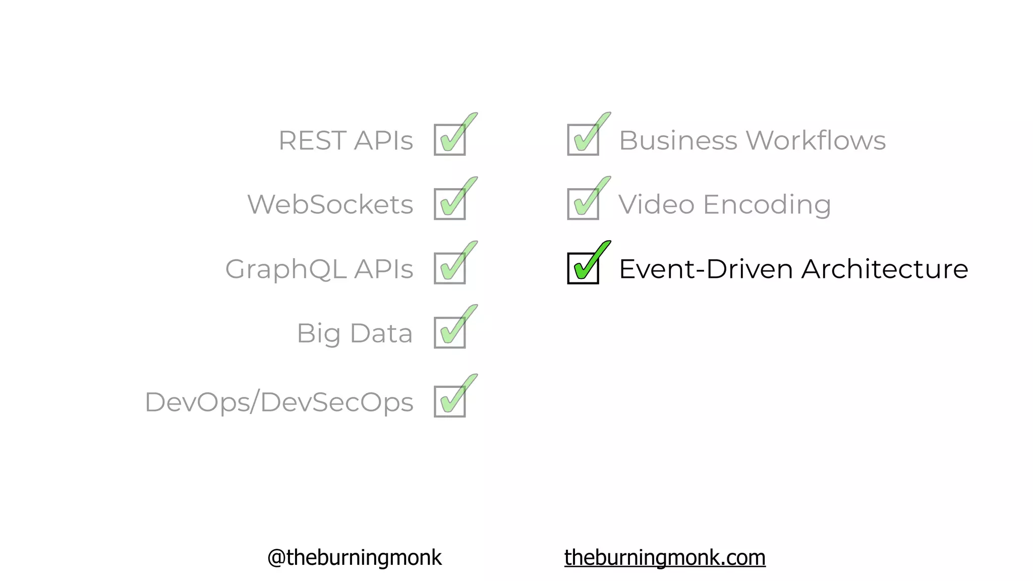 @theburningmonk theburningmonk.com
REST APIs
WebSockets
GraphQL APIs
Big Data
DevOps/DevSecOps
Event-Driven Architecture
Video Encoding
Business Workﬂows
 