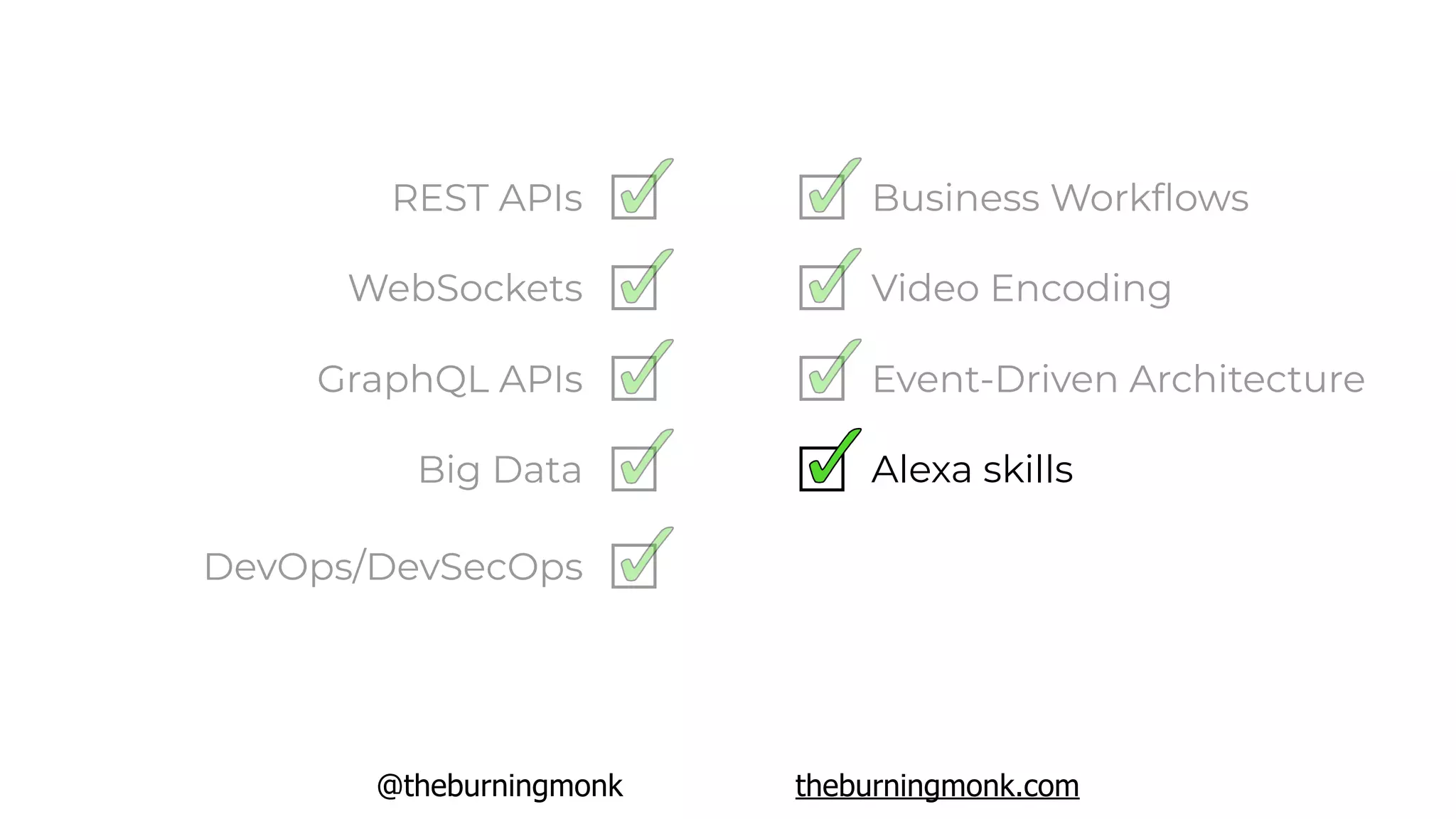 @theburningmonk theburningmonk.com
REST APIs
WebSockets
GraphQL APIs
Big Data
DevOps/DevSecOps
Event-Driven Architecture
Video Encoding
Business Workﬂows
Alexa skills
 