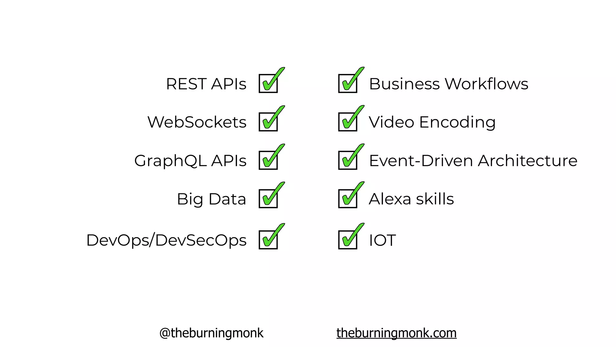 @theburningmonk theburningmonk.com
REST APIs
WebSockets
GraphQL APIs
Big Data
DevOps/DevSecOps
Alexa skills
IOT
Event-Driven Architecture
Video Encoding
Business Workﬂows
 