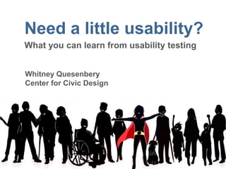 Need a little usability?
What you can learn from usability testing
Whitney Quesenbery
Center for Civic Design
 