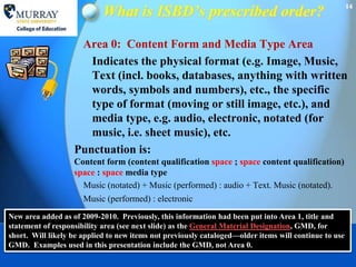 What is ISBD’s prescribed order?                                           14




                    Area 0: Content Form and Media Type Area
                      Indicates the physical format (e.g. Image, Music,
                      Text (incl. books, databases, anything with written
                      words, symbols and numbers), etc., the specific
                      type of format (moving or still image, etc.), and
                      media type, e.g. audio, electronic, notated (for
                      music, i.e. sheet music), etc.
                   Punctuation is:
                   Content form (content qualification space ; space content qualification)
                   space : space media type
                     Music (notated) + Music (performed) : audio + Text. Music (notated).
                      Music (performed) : electronic
New area added as of 2009-2010. Previously, this information had been put into Area 1, title and
statement of responsibility area (see next slide) as the General Material Designation, GMD, for
short. Will likely be applied to new items not previously cataloged—older items will continue to use
GMD. Examples used in this presentation include the GMD, not Area 0.
 